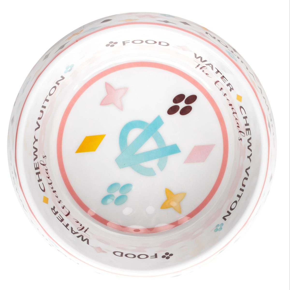 White Chewy Vuiton dog bowl
