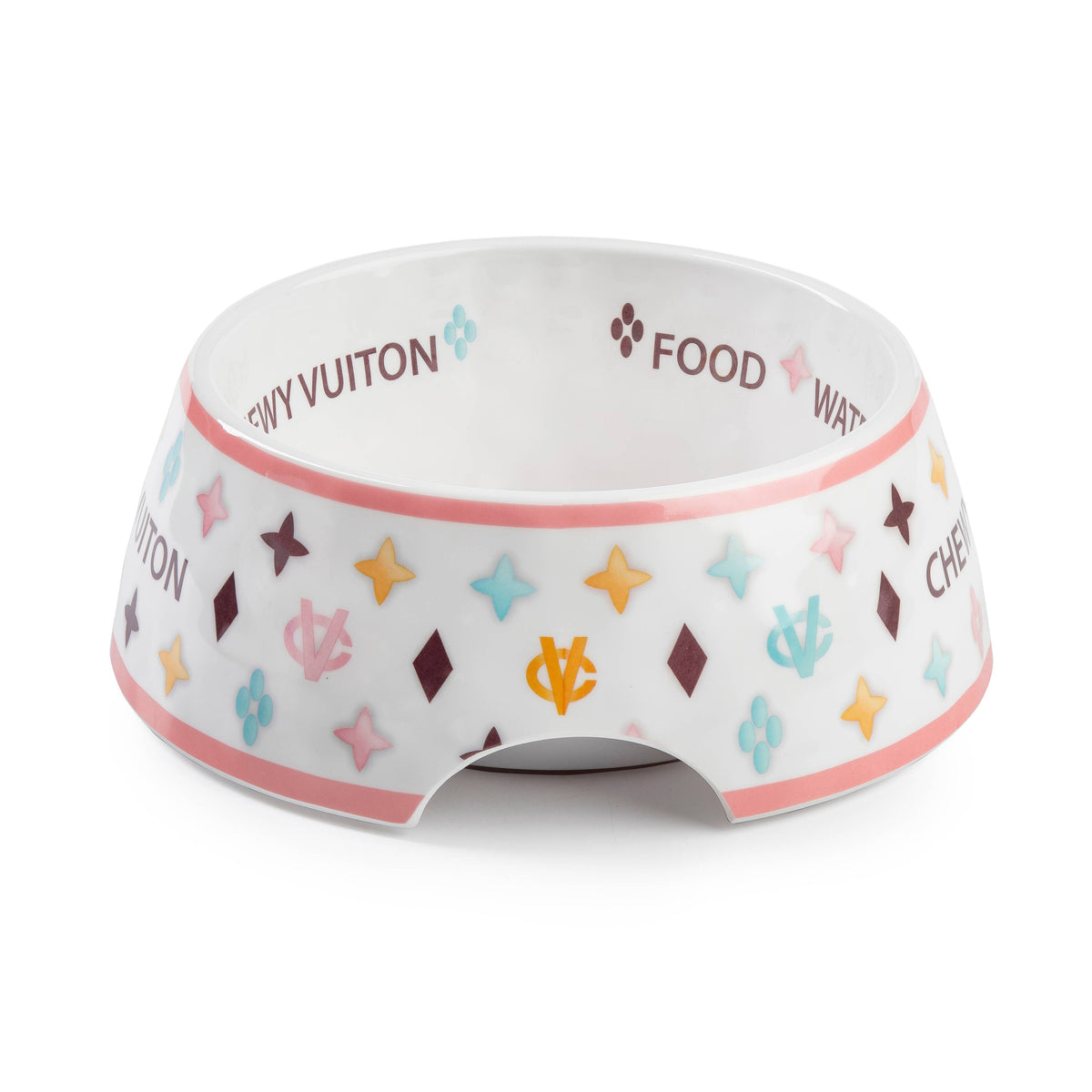 White Chewy Vuiton dog bowl