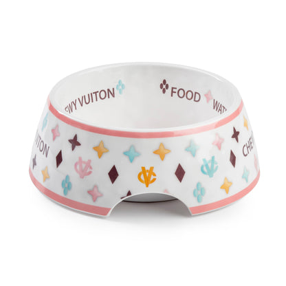 White Chewy Vuiton dog bowl
