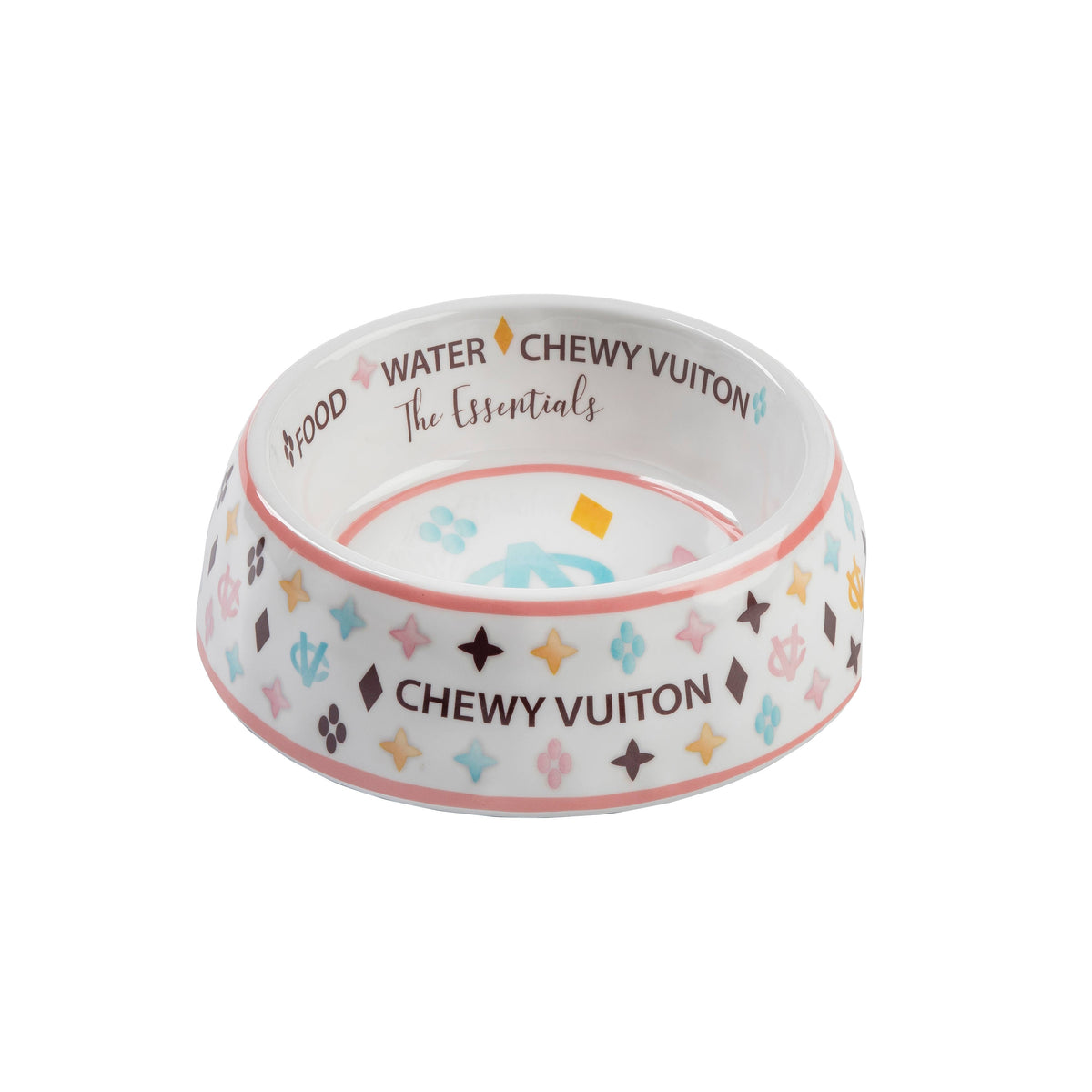 White Chewy Vuiton dog bowl