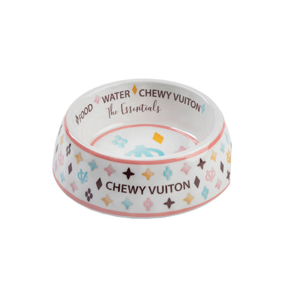 White Chewy Vuiton dog bowl