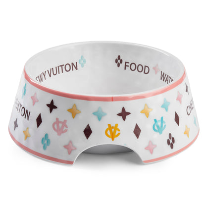 White Chewy Vuiton dog bowl