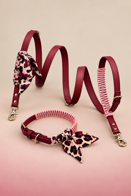 Blue Pup Hands-Free-Leine + burgunderrotes Halsband im Set