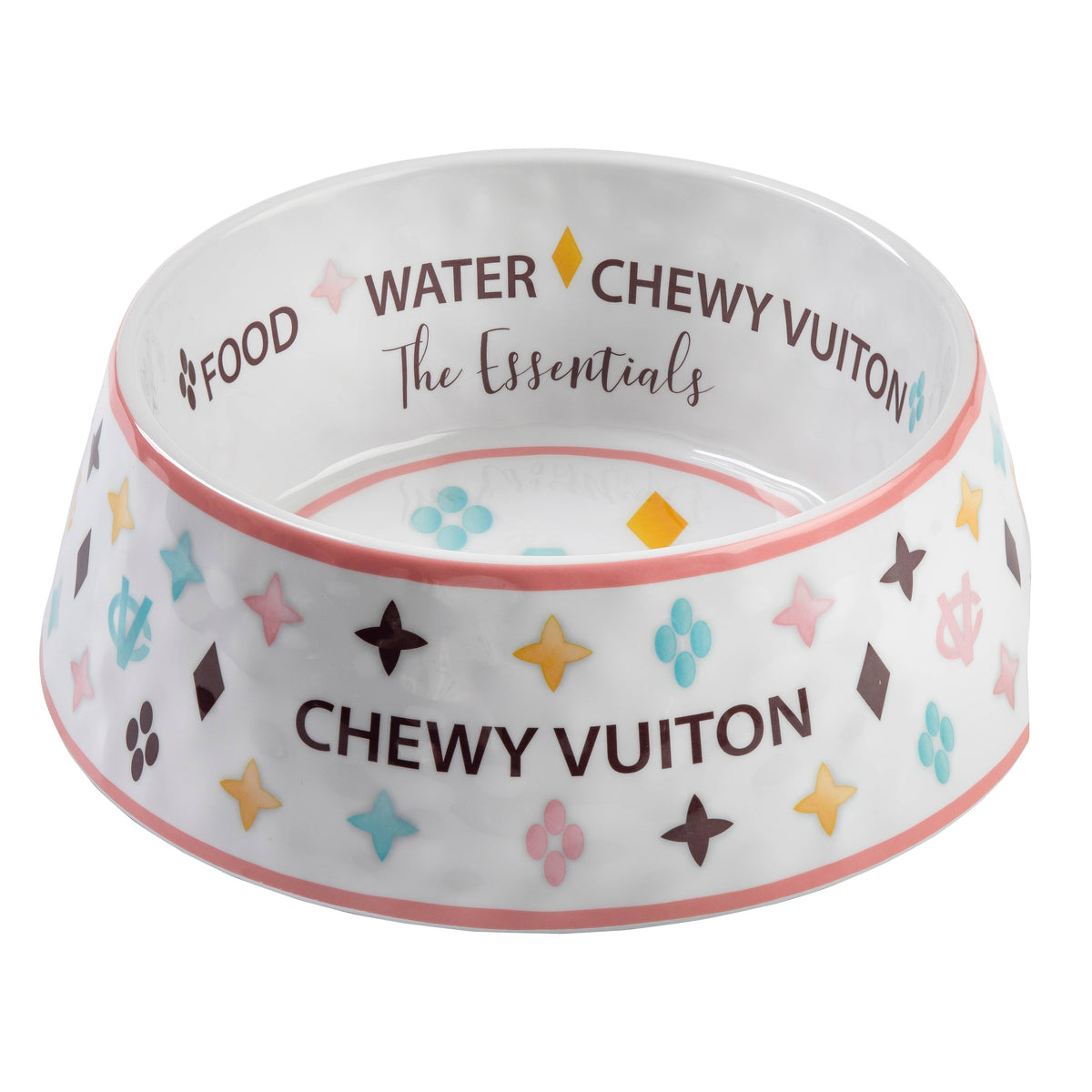 White Chewy Vuiton dog bowl