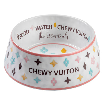 White Chewy Vuiton dog bowl