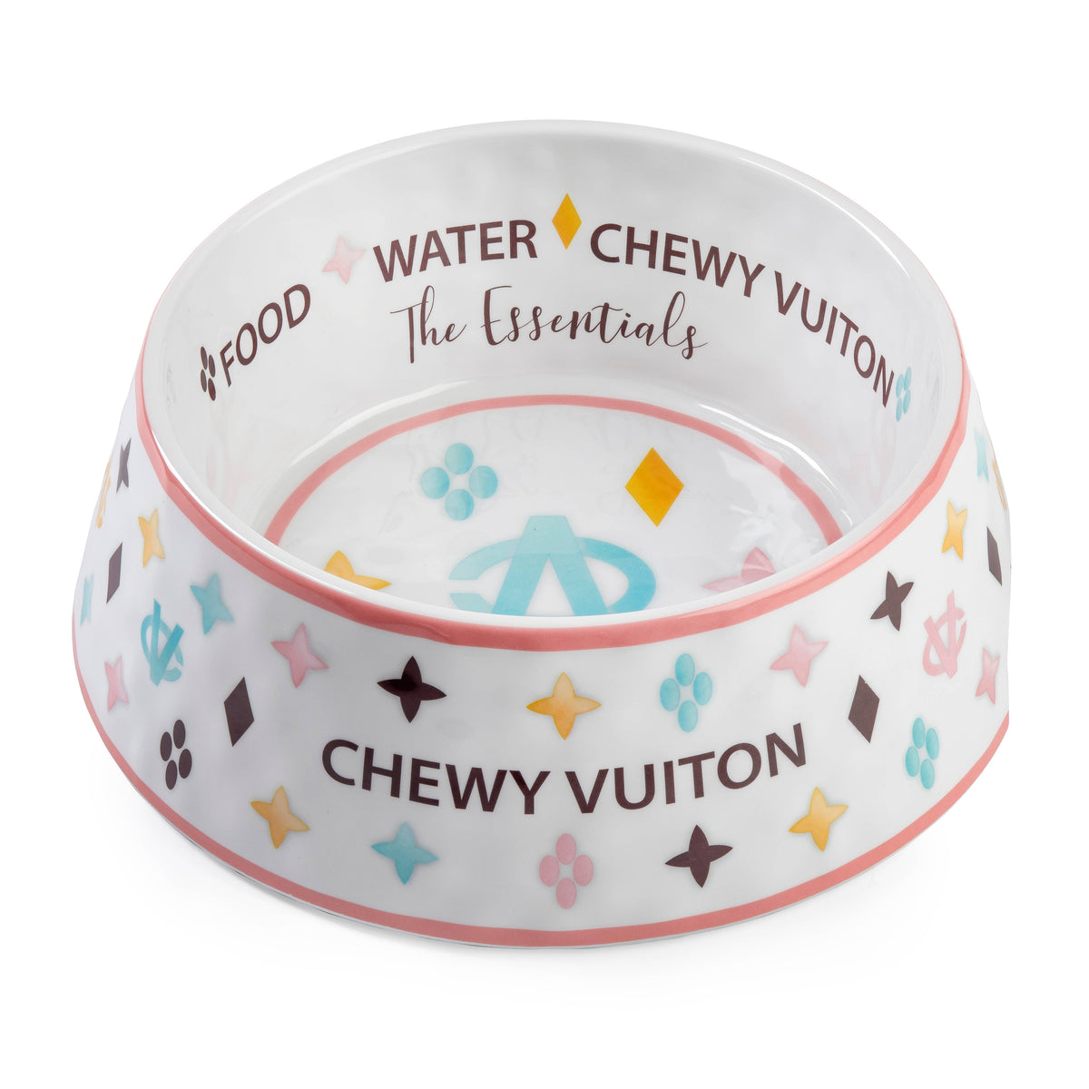 White Chewy Vuiton dog bowl