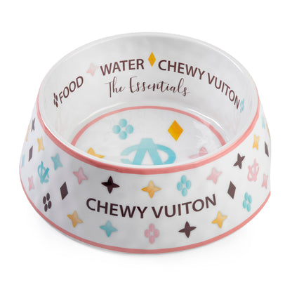 White Chewy Vuiton dog bowl